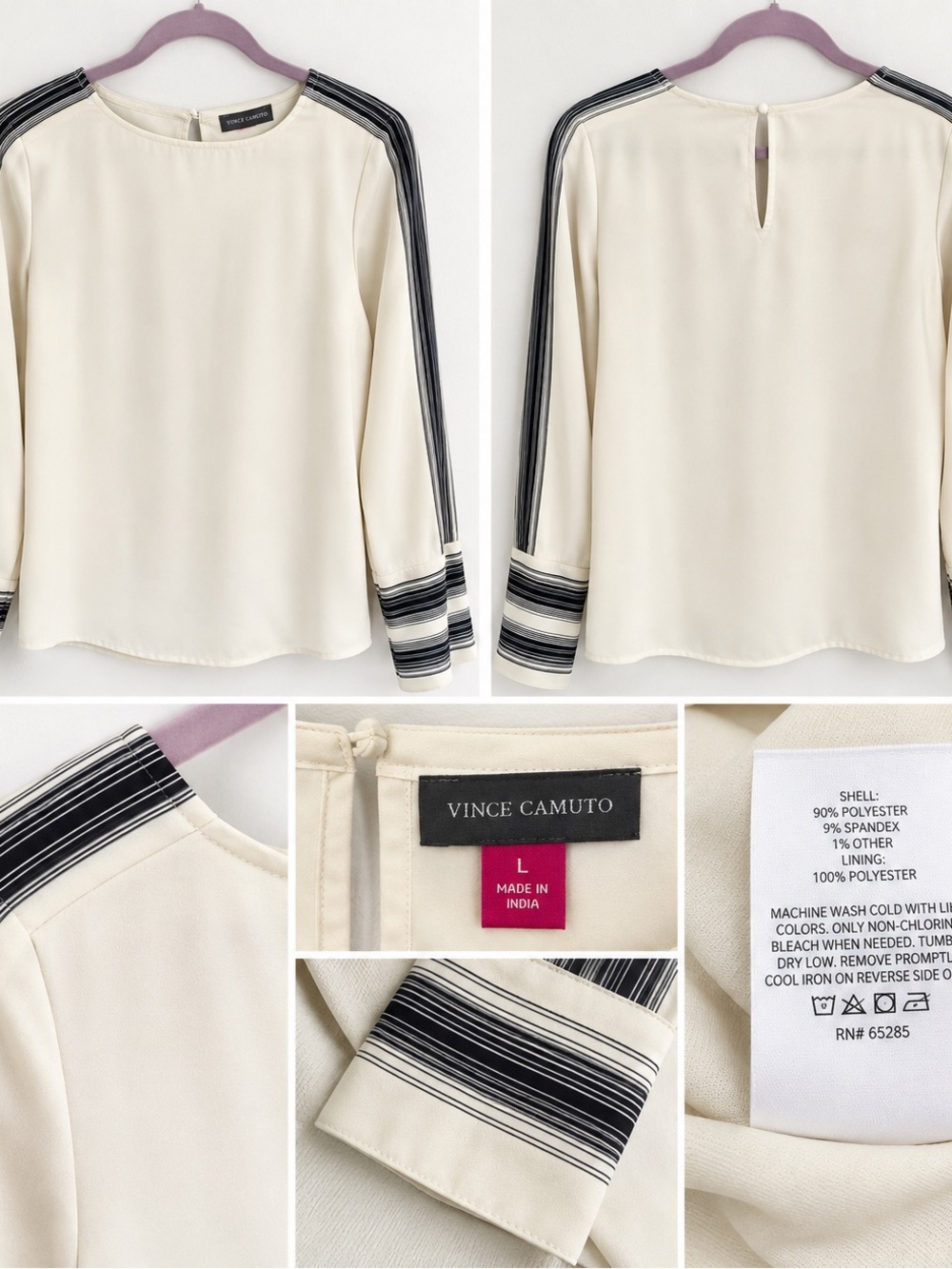 Vince Camuto Ivory Black Stripe Long Sleeve Blouse Size L